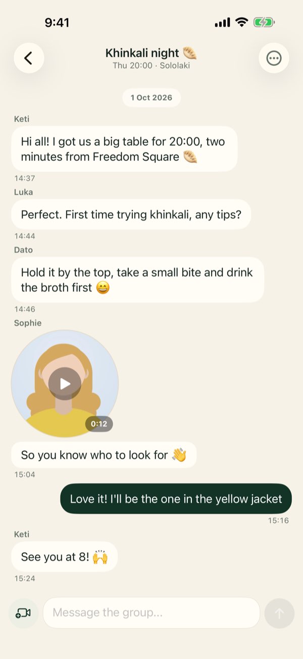 The group chat of a plan, Khinkali night, where the people who joined say hi before they meet.
