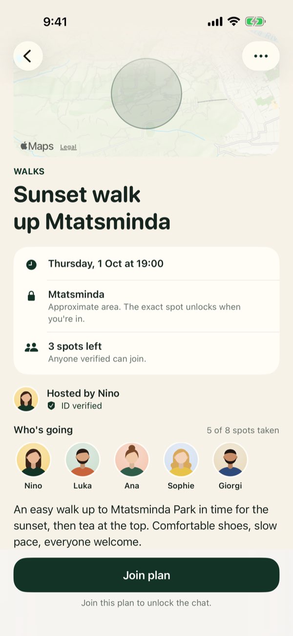 A plan’s page, Sunset walk up Mtatsminda: the time, an approximate area, the ID-verified host and who’s going.